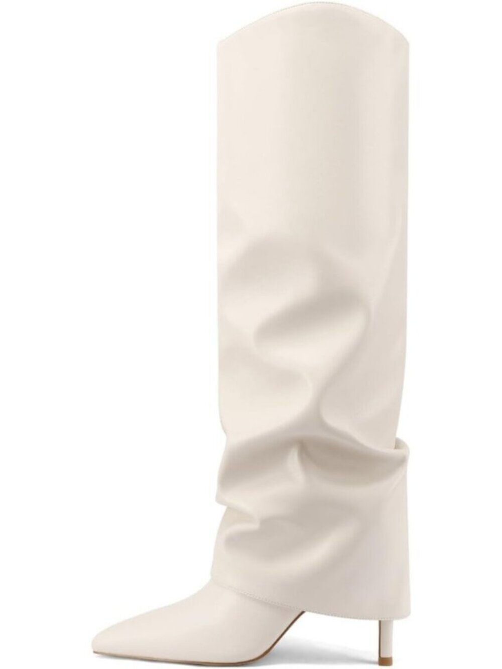 Women's Beige Fold Over Knee High Boots Pointed Toe Slouch Long Boots Stilettos